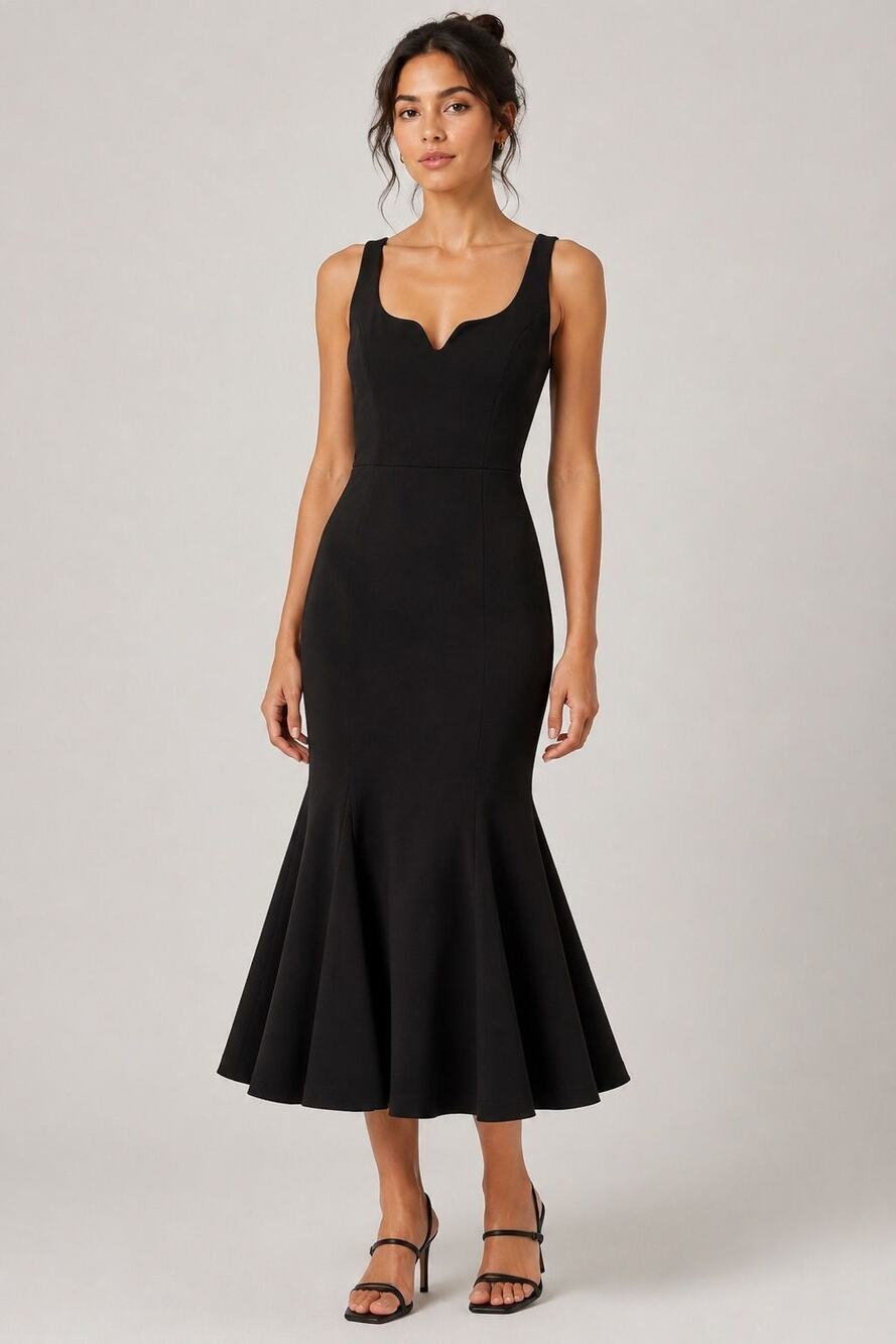 NWT Dress the Population Black Trumpet Midi Dress Size Small